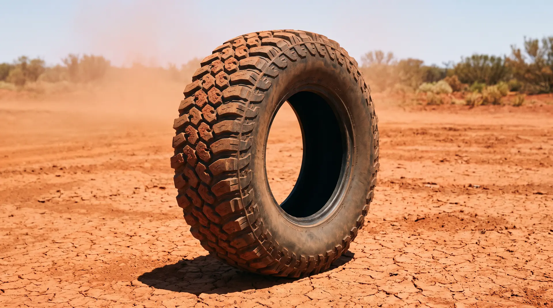 A mud-terrain light truck tyre standing on cracked red clay, tread packed with red dust.