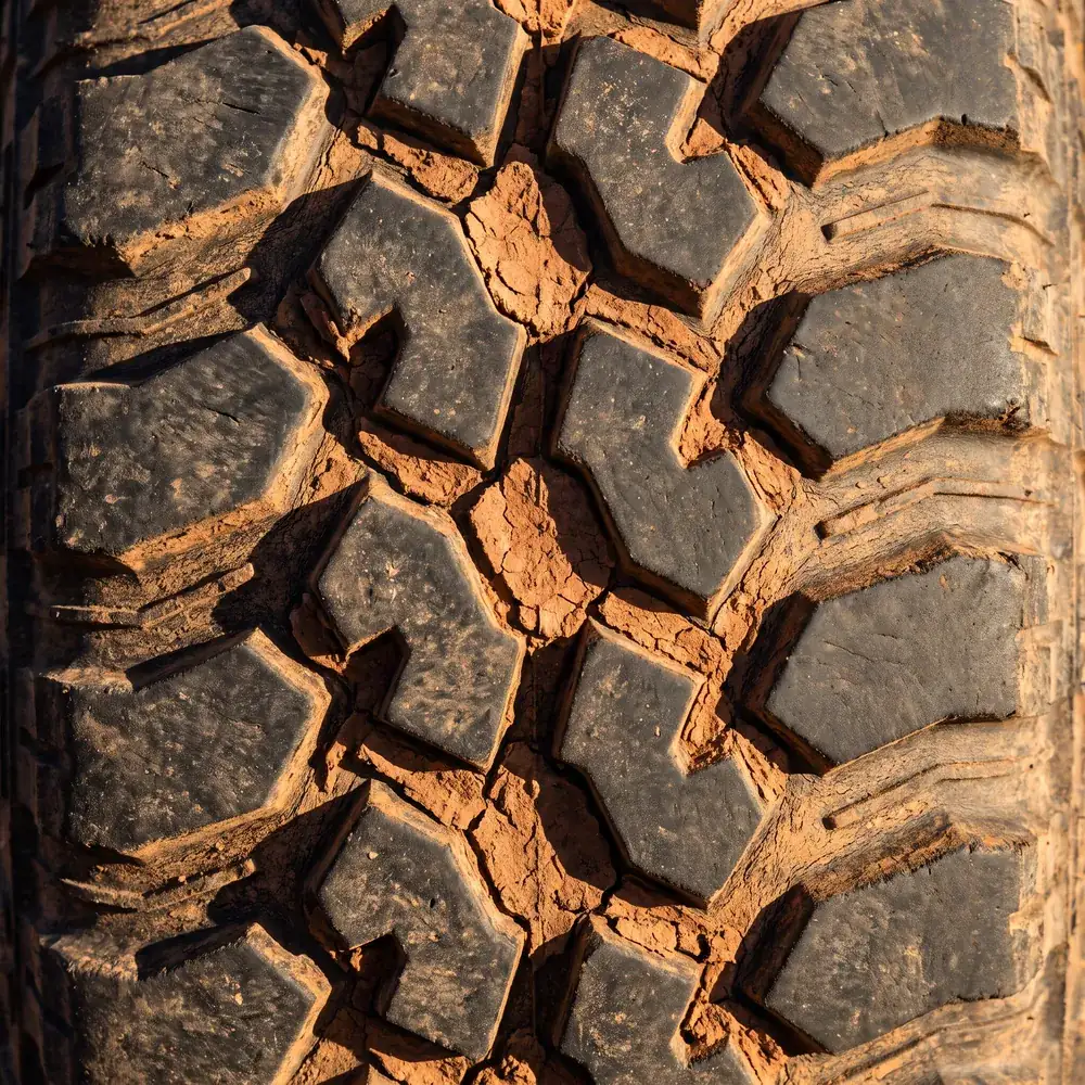 Deep mud-terrain tread blocks packed with dried red clay.